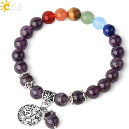 CSJA Tree of Life Charm Bracelets Reiki 7 Chakra Natural Stone Stretch Womens Bracelet 8mm Healing Crystal Fashion Jewelry G411