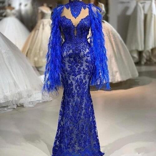 Royal Blue Lace Mermaid Prom Dresses Feather Long Sleeves High Neck Evening Gowns Floor Length Formal Party Dress