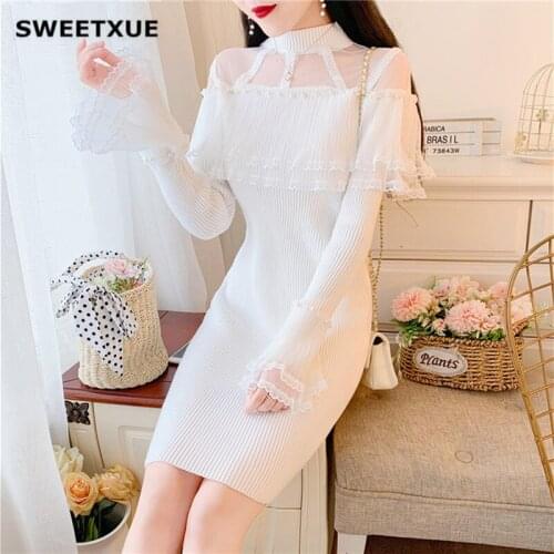 SWEETXUE 2020 Women Autumn Winter Beaded Slim Bottoming Sweater Dress High Collar Ruffled Flared Sleeve Elegant Cute Dress