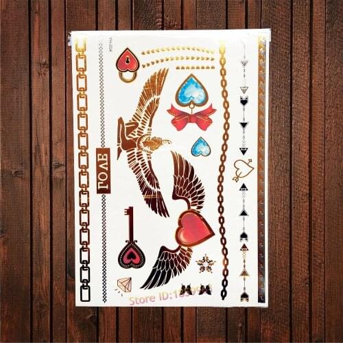 1PC Indian Eagle Gold Temporary Tattoo Removable Henna Mehndi Disposable Tattoo Angel Wings Heart Designs Hawk AYH-004