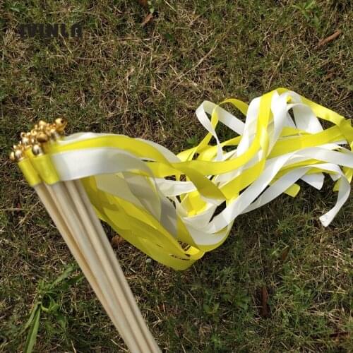 50Pcs/Lot yellow and white wedding ribbon wands with gold bell for wedding decoration