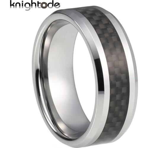 8mm Men Tungsten Carbide Wedding Engagement Ring With Black Carbon Fiber Inlay Silvery Bevel Edges Polished Surface Comfort Fit