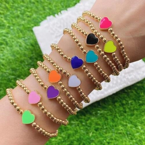 10Pcs Fashion New Colorful Enamel Heart, Star with Gold Plated Gold Color Ball Beads Bracelet Charm Handmade Beaded Bracelet