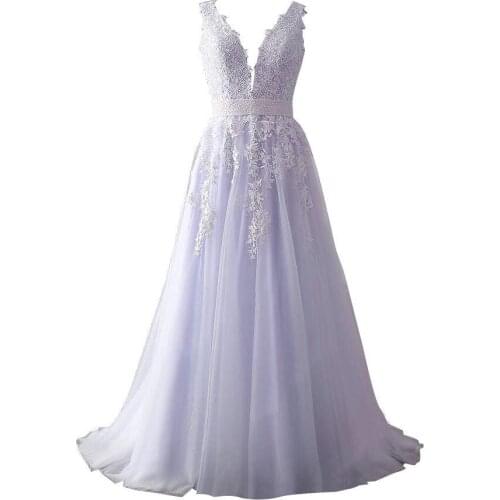 Elegant A-Line V Neck Boho Beach Tulle Evening Wedding Dresses Deep Lace Appliques Gowns Custom Beading Sashes