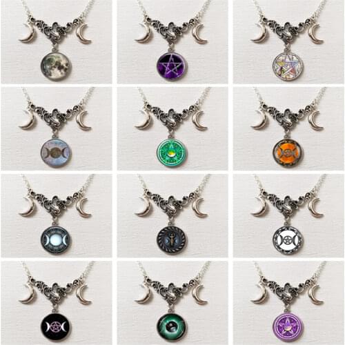 Fashion Triple Moon Moon Goddess Witchcraft Symbol Crescent Crystal Glass Pendant Necklace Womens Jewelry Gift