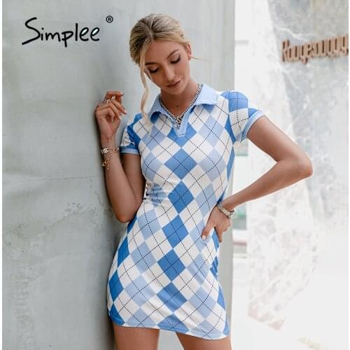 Simplee High street rhombic lattice polo collar short dress Slim fit blue summer dress 2021 Fashion causal streetwear dresses