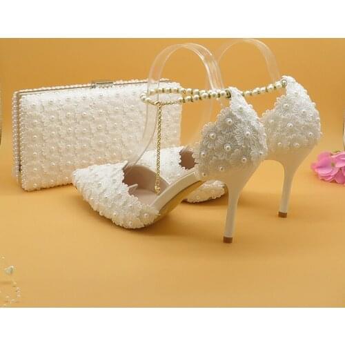 White Lace Flower Wedding Shoes And Bags Set High Heels Pointed Toe Ankle Strap Ladies Party shoe with matching purse Lace-up