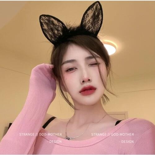 Cute black and white lace cat Ears headband female Japanese sexy fur rabbit ears headpiece cos hair centerpiece Neko Ear