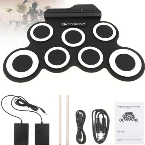 Portable DC 5V Electronic Digital USB 7 Pads Roll up Set Silicone Electric Drum Kit with Drumsticks and Sustain Pedal