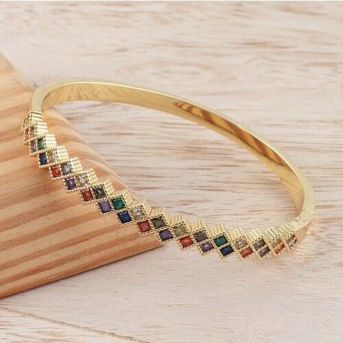 Gold filled blue green red white baguette cubic zirconia Open cuff bangle bracelet women fashion rainbow jewelry
