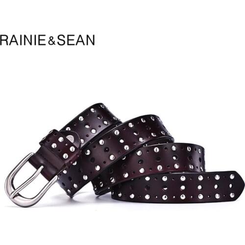 RAINIE SEAN Waist Belts Women Rivet Punk Cowskin Genuine Leather Women Belt Buckle Belts for Women Trousers Ladies Accessories