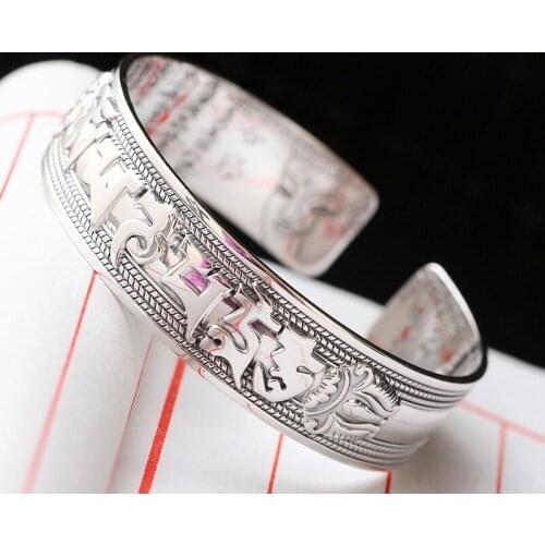 Retro Silver Jewelry Wholesale S990 Sterling Silver Bangle Bodhisattva Six Word Mantra Heart Open Ended Silver Bangle