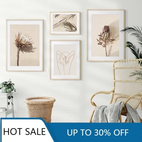 Christmas Canvas Painting Beige Close Up Floral Dried Protea Flowers Leaf Shadow Poster Wall Art Pictures for Bedroom Home Decor