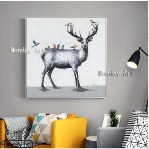 Handmade wall oil painting handpainted lovely deer bird cartoon animal oil paintings for living room kids room wall decoration