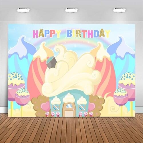 Happy Birthday Backdrop Ice Cream Lollipop Rainbow Cartoon Photography Background Kids Birthday Party Photo Background Banners