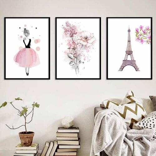 Self adhesive wall sticker Cartoon Pink Dancing Girl Paris Tower Painting Cute Warm Dream Kindergarten Wall Art Room Decoration