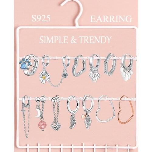 2021 925 Sterling Silver Daisy & Cat Paw Earring Star & Moon Two Ear Hole Pierce Hoop Earring Chain For Lady Grils Jewelry Gift