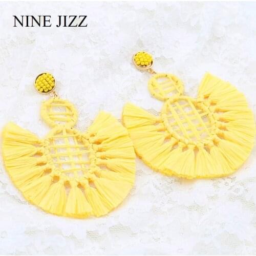 NINEJIZZ Raffia Earrings Girl’s Geometric Pendant Bohemian Earrings Multiple Drop Earrings Unique Resin Acrylic Korean Earrings