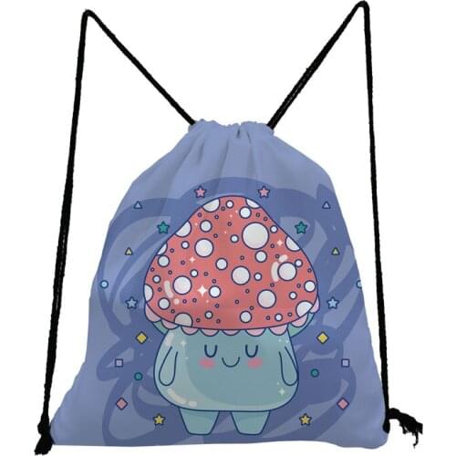 Cartoon Mushroom Printed Backpack Blue Drawstring Bag Cute Casual Book Bag High Capacity Shoe Bag to School Portable Storage Bag