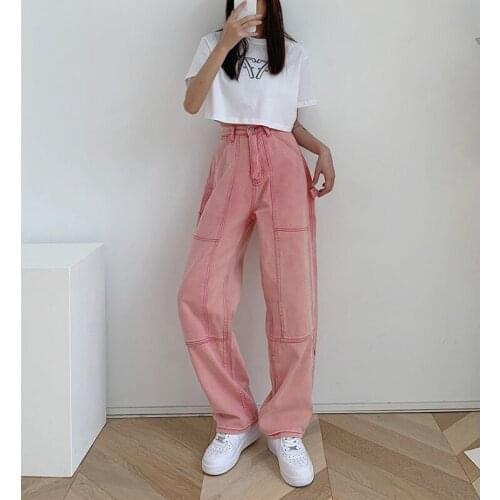 Streetwear Pink Patchwork Jeans Women Loose Straight High Waist Y2k Pants Plus Size Denim Trousers Female Summer 2021 New S-4XL