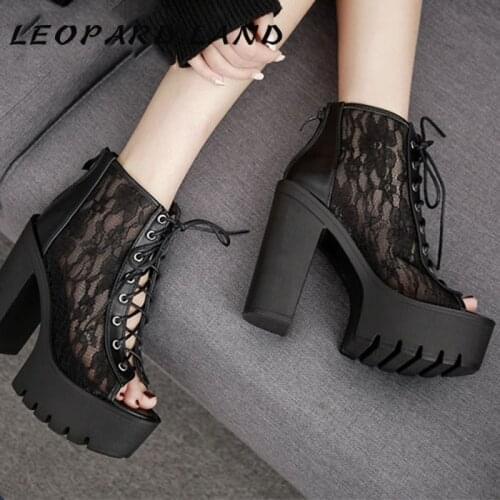 LEOPARD LAND 2021 Spring Black White Platform Sqare Heel High Heels Lace Mouth High Heel Sandals Black Platfrom Sandals JXQ