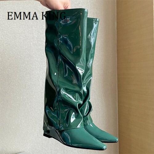 Women Knee High Boots Western Cowboy Wedges Heels Boots Sexy Pointed Toe Slip on Knight Boots Ladies Casual Motorcycle Boots