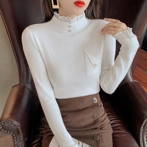 Turtleneck Lace Patchwork Woman Autumn Pullover Pockets Elegant Rhinestone Button Sweater White Long Sleeve Cotton Winter Jumper