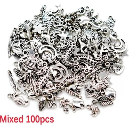 100pcs Tibetan Silver Mixed Pendant Beads Jewelry Bracelets Earrings Necklace Making DIY Craft Art Charms Animal Flower Heart