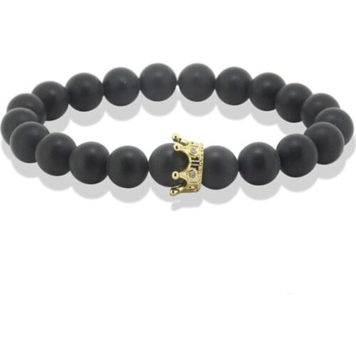 2016 New Gift 10mm Black Matte Nature Stone Beads Bracelet,Men Micro Pave CZ Cubic Zirconia Crown Charm Bracelets