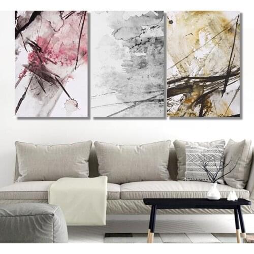 Yellow Gray Pink Ink Splash Abstract Canvas Painting Art Print Poster Picture Wall Modern Office Living Room Home Decoration