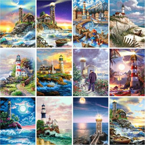 AZQSD Diamond Painting 5d Lighthouse Cross Stitch Rhinestones Diamond Embroidery Scenery Needlework Gift Home Decor Wall Art