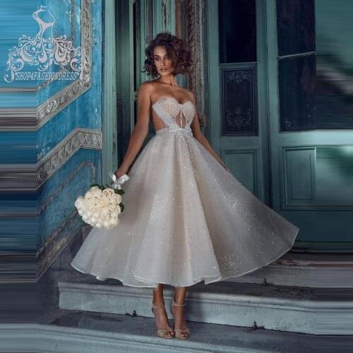 Glitter Ivory Organza Strapless Ankle Length Prom Dresses See Thru Tulle Sweetheart Formal Party Gowns Sparking Bridal With Bow