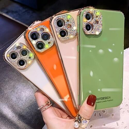 For iPhone 11 12 Pro Max SE2 X XR XS 7 8 Plus Case Gold Frame Bling Diamond Glitter Camera Protection Silicone Cover Shockproof