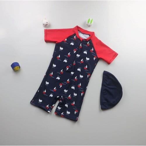 Baby Swimwear One Piece Swimsuits For Boys Cartoon Bathing Suits Kids Short Sleeve Swimming Beach Wear Spring Clothes With Cap