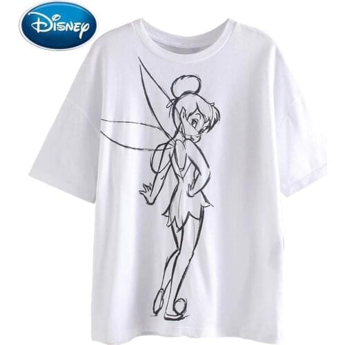 Disney Fairies Cute FAIRIES Cartoon Peter Pan Sketch Print Sweet Women T-Shirt O-Neck Pullover Short Sleeve Loose White Tee Tops