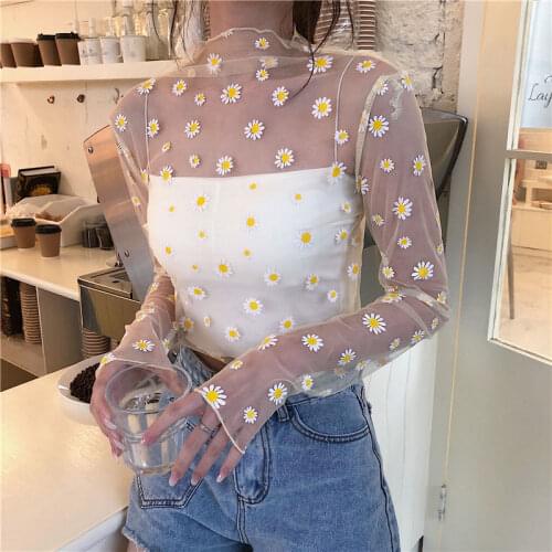 Little Daisy Long-Sleeved T-Shirt Womens Summer Thin Loose Sunscreen Shirt Western Style Mesh Bottoming Shirt SA166