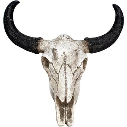 HHO-Resin Longhorn Cow Skull Head Wall Hanging Decor 3D Animal Wildlife Sculpture Figurines Crafts Horns For Home Halloween Deco
