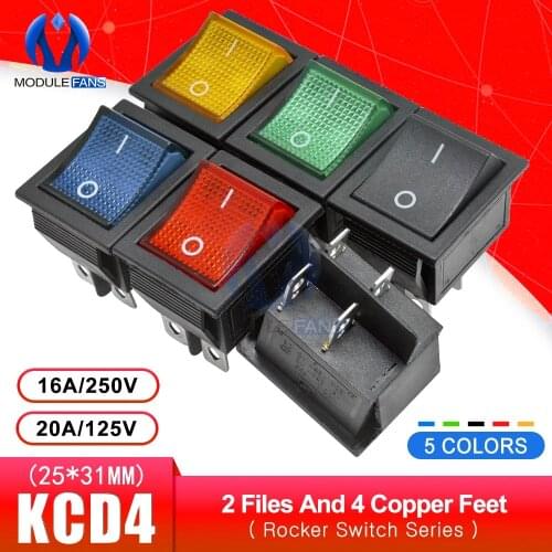 KCD4 Rocker Power Touch On/off Switch 2 Positions 4Pins Feets Ship Type with light Red Blue Green 16A 250V 25*31mm