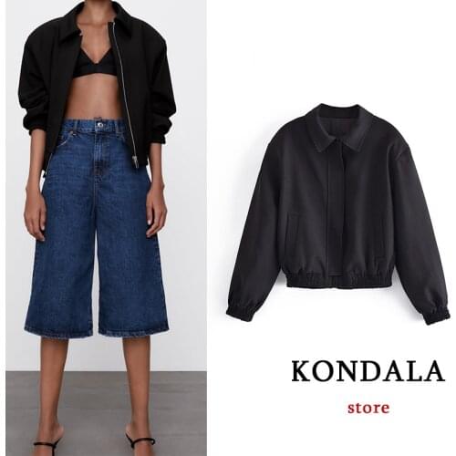 KONDALA Za 2021 Women Chic Black Casual Jackets Loose Zipper Overszied Short Coats Autumn Winter Streetwear Women Jacket Outwear