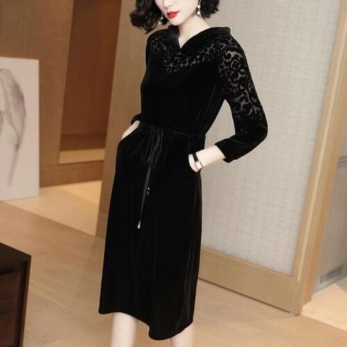 Korean Fall Winter Female Woman Hooded Hollow Out Black Velour Dress , Spring High Waisted Velvet Dresses for Women with A Hood