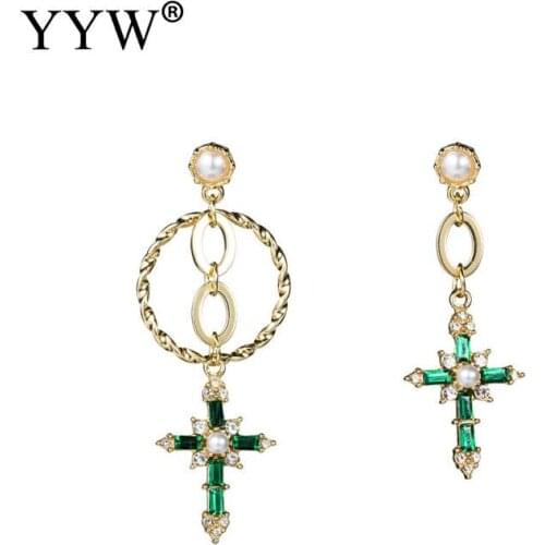 New Arrival Vintage Green Rhinestone Pearl Cross Drop Earrings For Women Baroque Asymmetric Long Earrings Femme Brinco Jewelry