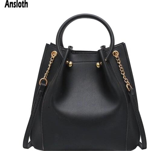 Ansloth Solid Color Bucket Bag Women Chain Shoulder Bag Lady Handle Bag Quality PU Leather Crossbody Bag Female Handbag HPS832
