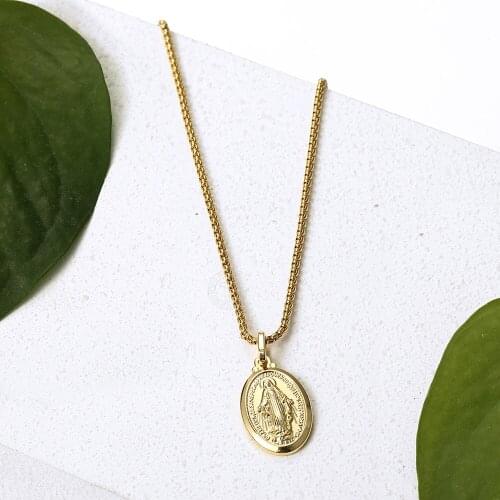 2mm Gold Color Oval Virgin Mary Pendant Necklace for Men Women Jewelry Wholesale Trendy Box Link Chain Necklace Chain DGP431