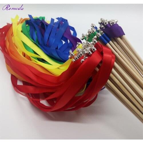 Newest 50pcs/lot rainbow wedding ribbon stick wands Sparklers with sliver bell for wedding decoration