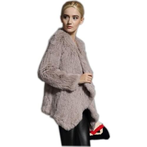 New Knitted real rabbit fur coat overcoat jacket with fur collar Russian womens winter thick warm genuine fur coat customized