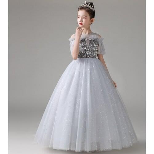 2021 Flower Girls Dress New Arrival Silver Gray Ball Gown Ruffles Sleeves Floor Length