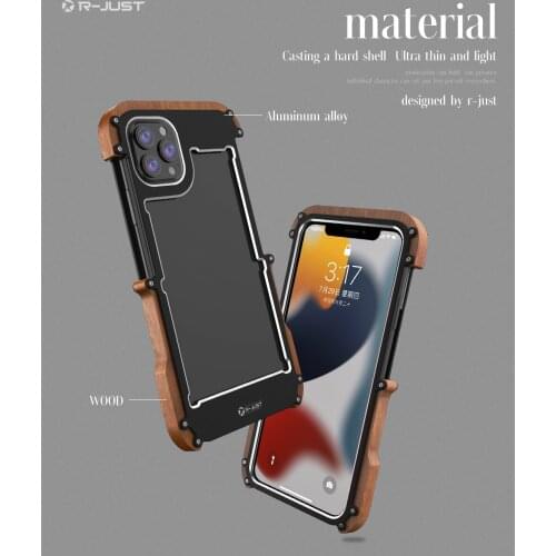 R-Just Luxury Aluminum Screws Phone Case for iPhone 13 12 Pro Max Mini X XR XS 11 Pro Max Shockproof Wood Cover