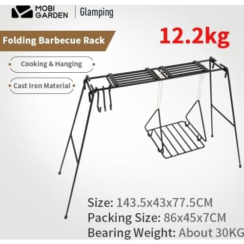 MOBI GARDEN Camping Barbecue Rack Foldable Multifunctional Triangle Cast Iron Shelf Outdoor Picnic Tableware Hanging Pot Rack