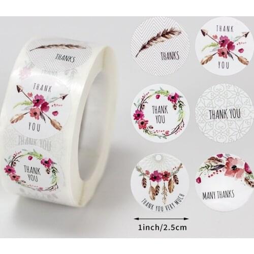 "Thank you" Flower Sticker Birthday Party Wedding Decoration Candy Gift Box Label Round White Adhesive Decorative Flower