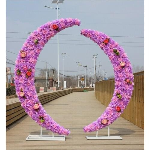 Wedding home party metal iron crescent arch road backdrop stand artificial fake flowers moon arch door decoration accessories